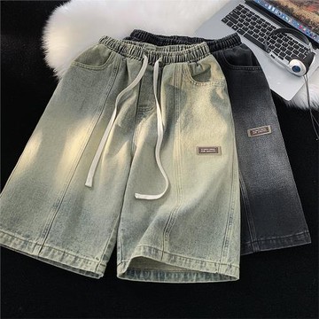 水洗做舊牛仔短褲男美式復古高街褲子夏季休閑五分褲直筒寬松中褲