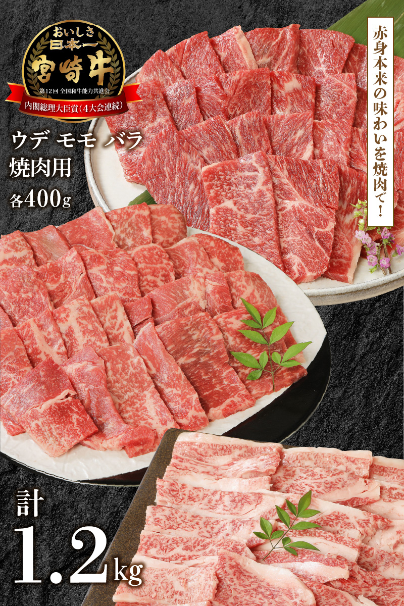 宮崎牛 ウデ モモ バラ 焼肉用 各400g 計1.2kg　N0147-ZB527