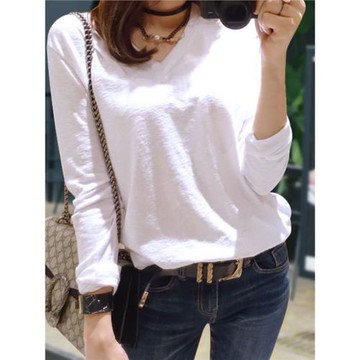 竹節棉V領白色t恤女2024秋冬新款簡約韓版寬松純棉長袖內搭打底衫