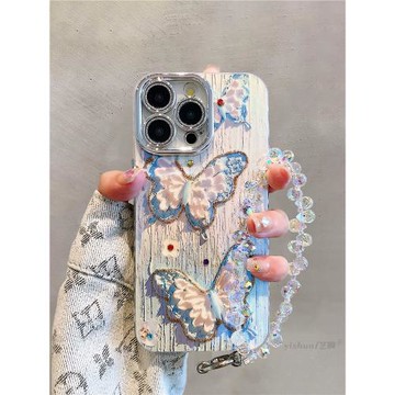 適用蘋果15ProMax手機殼iPhone16藍光點鉆油畫蝴蝶花朵14韓風女款11自帶鏡頭膜13 pro高級感新款12pm全包硅膠