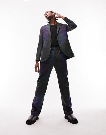Topman Premium Limited Edition wide leg with pleats printed wool mix spacedye suit trousers in blue-Multi