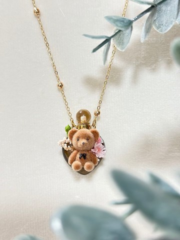 小熊乾燥花 茶晶水晶瓶頸鍊 可加入香水香薰瓶頸鏈 立體真花 18KG