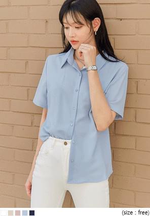 韓國空運 - 光滑垂墜短袖翻領襯衫