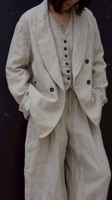 原生亞麻雙排扣寬松西裝