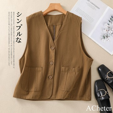 【ACheter】文藝復古簡約V領雙面精梳棉馬甲大口袋短版外套背心上衣# 121238 (現貨+預購)