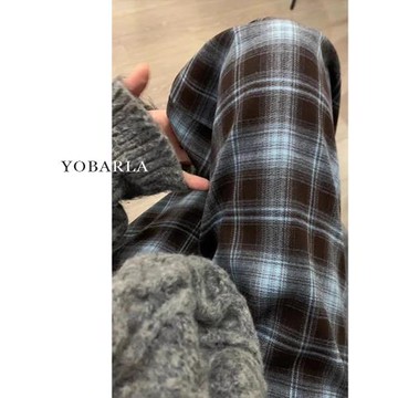 格紋直筒垂感休閑褲女冬季加絨大碼胖mm顯瘦梨形身材寬松闊腿褲子