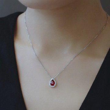 限量現貨 - 天然緬甸紅寶 水滴切割 微鑲鑽石 純 18K 白金項鍊
