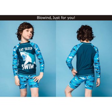 出口英國兒童泳衣男童防曬抗UV長袖保暖大鯊魚分體游泳衣沖浪服潮