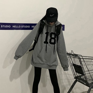 春秋薄款美式復古灰色衛衣女寬松bf慵懶風oversize連帽外套潮