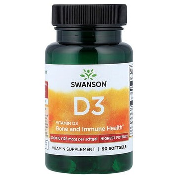 Swanson Vitamins, Vitamin D3, Highest Potency, 125 mcg (5,000 IU), 90 Softgels