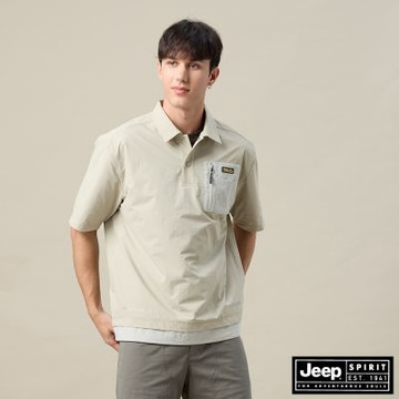 JEEP 男裝 雙層下擺剪接尼龍POLO衫-卡其色