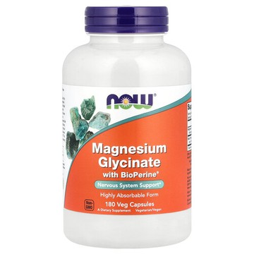 NOW Foods, 含 BioPerine® 的甘氨酸鎂，180 粒素食膠囊