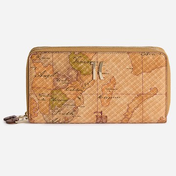 【Alviero Martini 義大利地圖包】波紋小羊皮雙拉鍊22卡長夾18.5cm-地圖黃