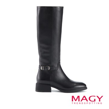 MAGY 皮帶釦飾側拉鍊真皮粗跟長靴 黑色 #15992