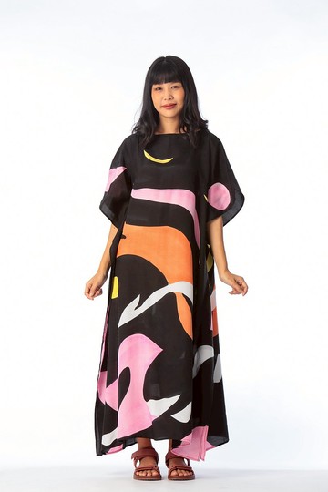 Hand Painted Cotton Silk Kaftan for Summer Resort Vacation F