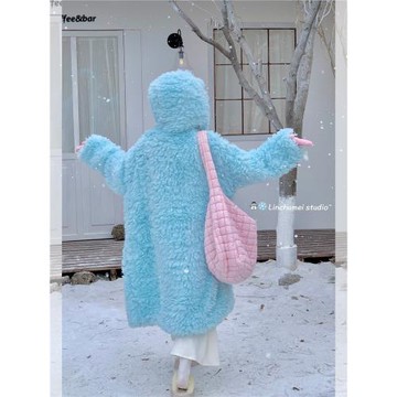 外套女羊羔毛寬松長款藍色外套