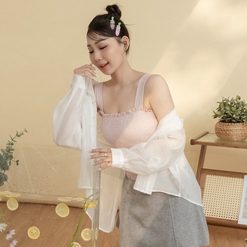 【PolyLulu】 天絲微透膚後開衩綁帶襯衫
