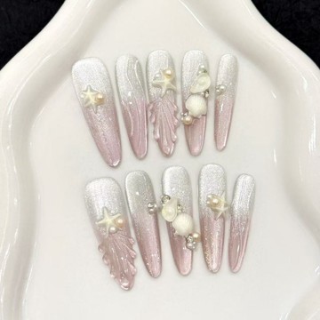 新款珍珠貝殼立體海星貓眼美甲顯白手工穿戴甲美甲貼片