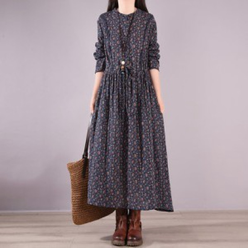 ワンピース レディース 秋服 花柄 柄 デート 大人可愛い シンプル ロング丈 Aライン フレア おでかけ カジュアル 旅行 ブルー ブラウン 通販 Lineポイント最大get Lineショッピング