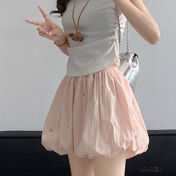 粉色短褲女 甜美花苞褲 夏季短褲 高腰半身短褲 小個子短褲 蓬蓬可愛短褲 印花短褲 短褲女