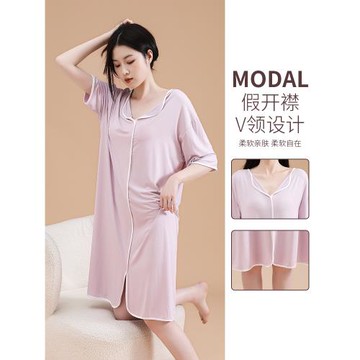 夏季睡衣女薄款莫代爾短袖家居服大碼冰絲長款外穿休閑200斤睡裙