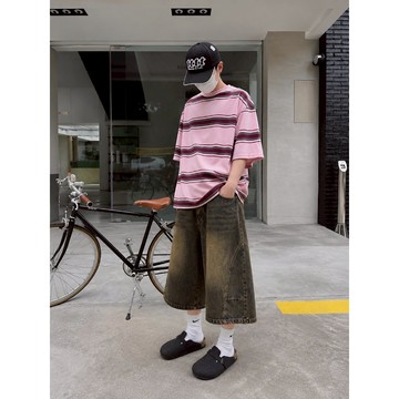 【PORY STORE】獨家！重磅❗️韓國復古車線彎刀褲 七分褲 寬鬆 短褲 舒適 實拍 韓系 休閒 男生 牛仔短褲