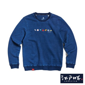 江戶勝 男裝 經典日本圖騰刺繡厚長袖T恤-中古藍