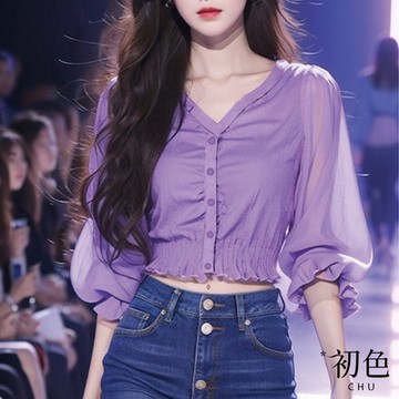 初色 素色V領單排扣收腰顯瘦短款網紗拼接七分袖上衣-紫色-34490(M-2XL可選)