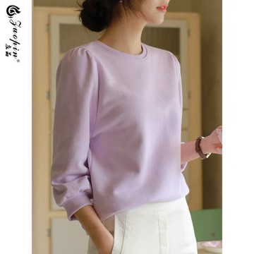2026春裝新款韓版寬松中袖女上衣七分袖t恤設計感小眾純棉半袖