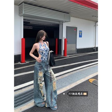 (免運)美式復古破洞牛仔褲女冬季設計感闊腿褲寬松直筒拖地褲子做舊辣妹