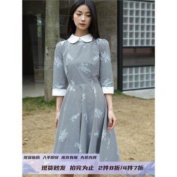 春秋新款娃娃領條紋蕾絲印花棉質大擺優雅復古法式小眾連衣裙127