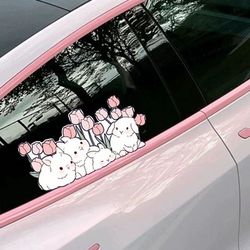 日系車貼💫 鬱金香白兔兔汽車貼紙可愛卡通趣味車窗玻璃裝飾劃痕遮擋貼紙畫 汽車装饰贴