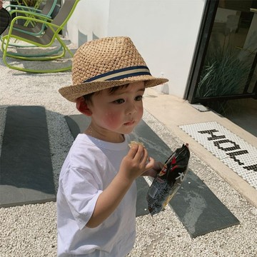 AL 兒童帽子 兒童防曬帽 男女童遮陽帽 夏季草編鏤空透氣巴拿馬禮帽男女童英倫帽寶寶沙灘帽出游遮陽防曬