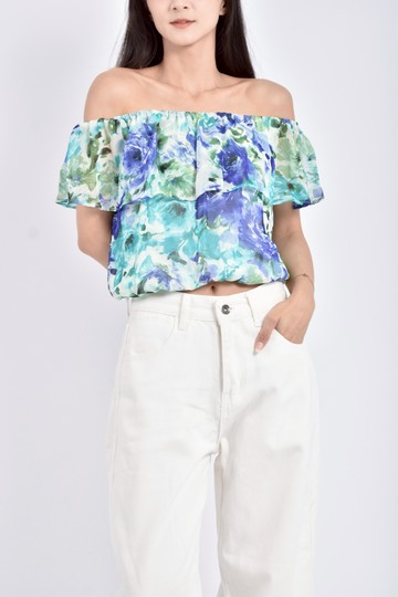 (L) one way一字領綠色短袖上衣