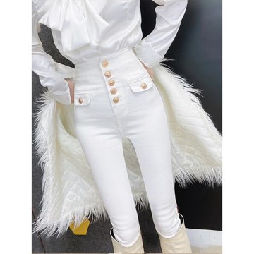 韓版排扣彈力加絨高腰修身顯瘦外穿打底褲女白色春秋冬牛仔小腳褲