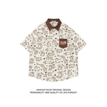 WILDNOVA日系手繪貓咪滿印翻領短袖襯衫男女夏季寬松百搭情侶襯衣