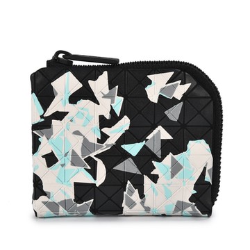 ISSEY MIYAKE 三宅一生BAOBAO KURO 藝術風 霧面5x6幾何方格L型拉鍊零錢包-水藍/黑色