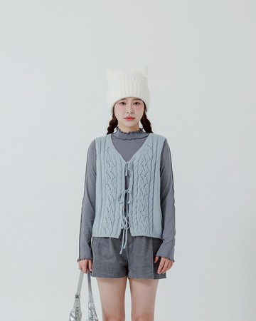 綁帶麻花鏤空設計針織背心 三色售