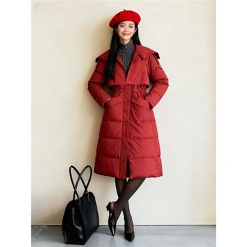 紅色喜慶顯白中長款重工加厚羽絨服冬過膝大碼新年保暖外套9965