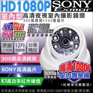 KINGNET 監視器攝影機 AHD 1080P 夜視紅外線 避雷型 室內半球 6顆K1燈攝影機 SONY晶片 UTC TVI CVI 監視防盜