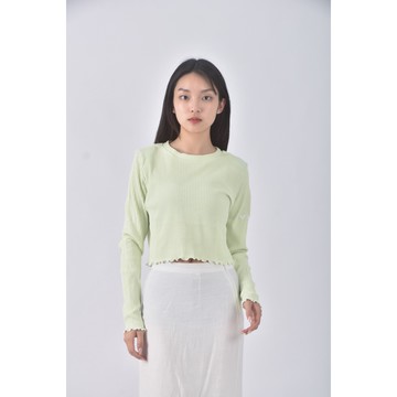 (S) seoul palette韓牌質感修身短版木耳邊綠色長袖上衣二手衣