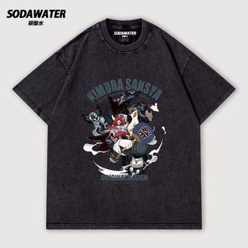 貓神降臨：和風三社之亂 妖面貓武者 和風貓咪 男女款做舊水洗純棉落肩短T 獨家動漫T 台灣現貨