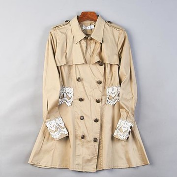 韓版復古肩章長袖風衣女11.5H80802春秋蕾絲裝飾雙排扣中長款外套