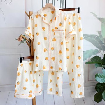 三件套睡衣套裝純棉女春秋短袖短褲長褲女士家居服水洗棉縐布薄款