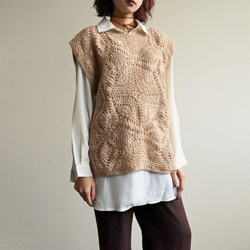 【NaSuBi Vintage】細緻鏤空織花純色古著針織上衣