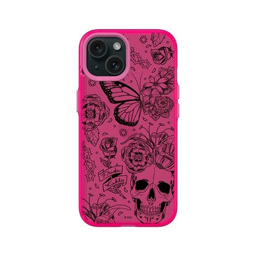 iPhone 15 Clear 粉漾桃 - Frida Kahlo - 花骨骷顱頭（素描）
