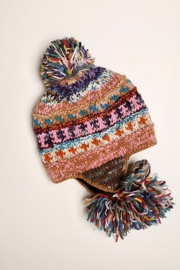 民族風粉棕三球辮子帽純羊毛線手工編織全襯防風毛帽子護耳帽保暖