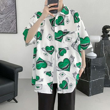 綠色美式roora潮牌夏威夷短袖襯衫男夏季寬松大碼沙灘風半袖襯衣