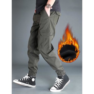 秋冬季加絨束腳褲男大碼防風工裝褲寬松休閑褲多袋厚款韓版哈倫褲