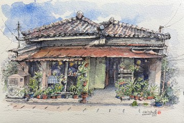 沖繩小食堂/手繪原創淡彩畫